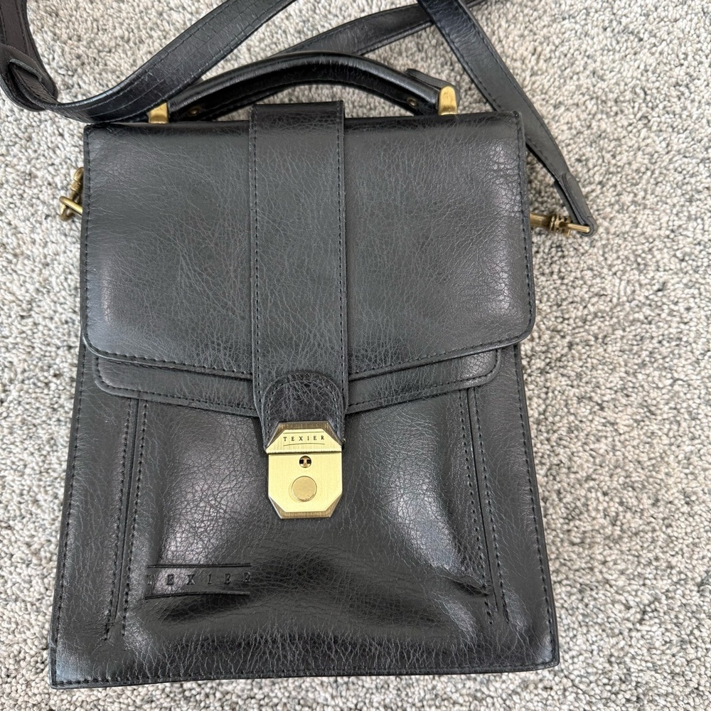 Vintage Texier Black Leather Top Handle Crossbody Bag Flap With Key Unisex
